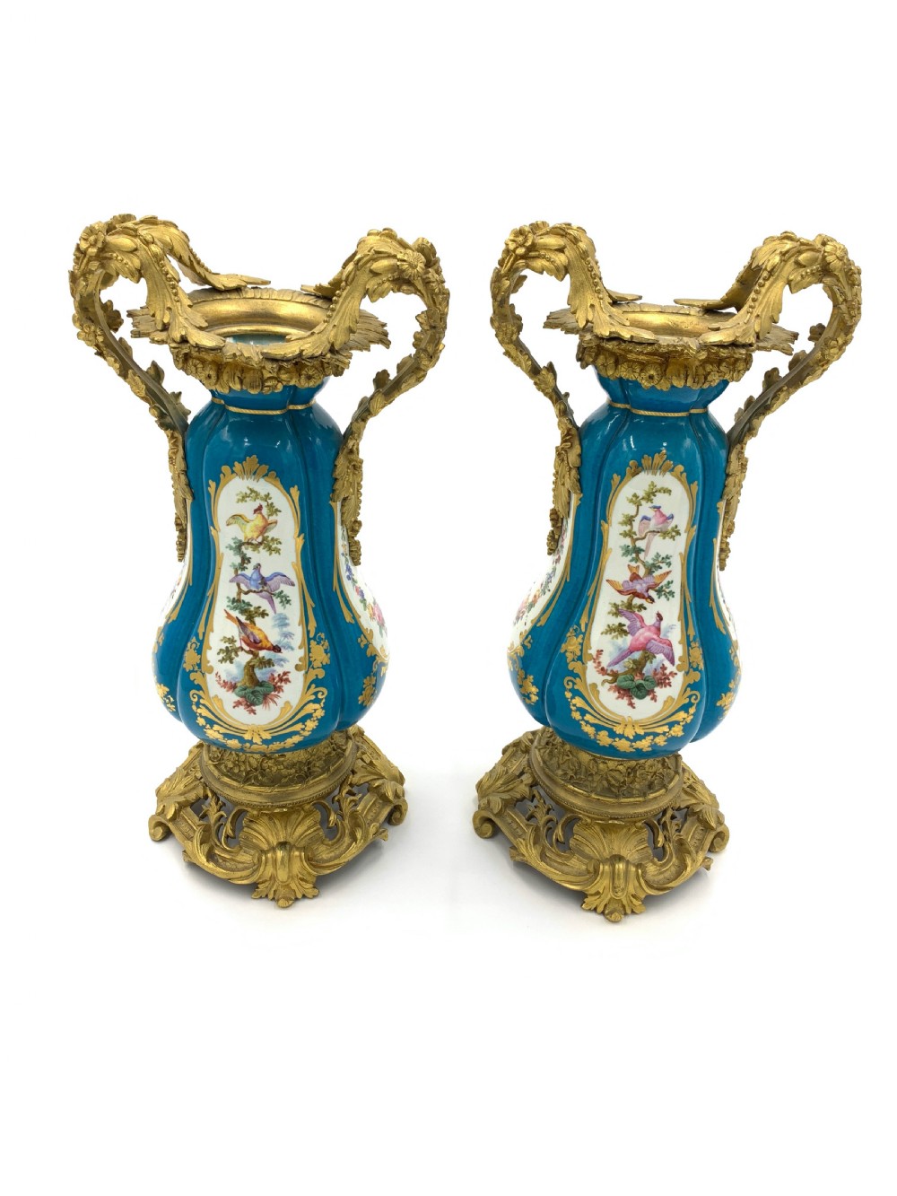 Pair of sky blue ormolu and sevres style porcelain vases  View III