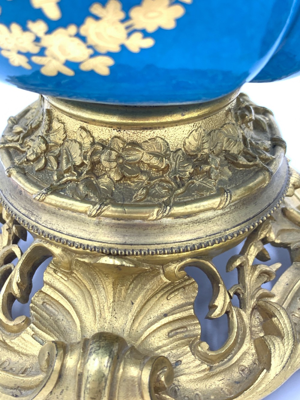 Pair of sky blue ormolu and sevres style porcelain vases  View V