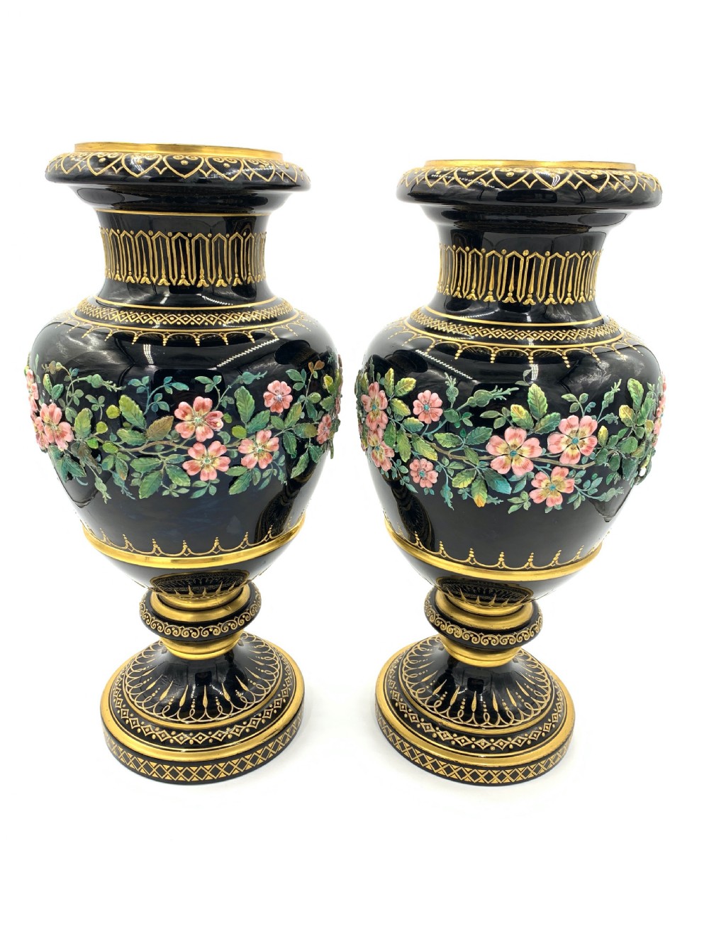 Opaline glass with floral design vases
