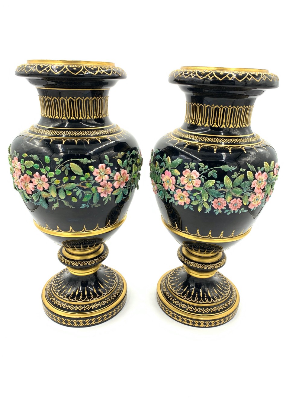 Opaline glass with floral design vases View II