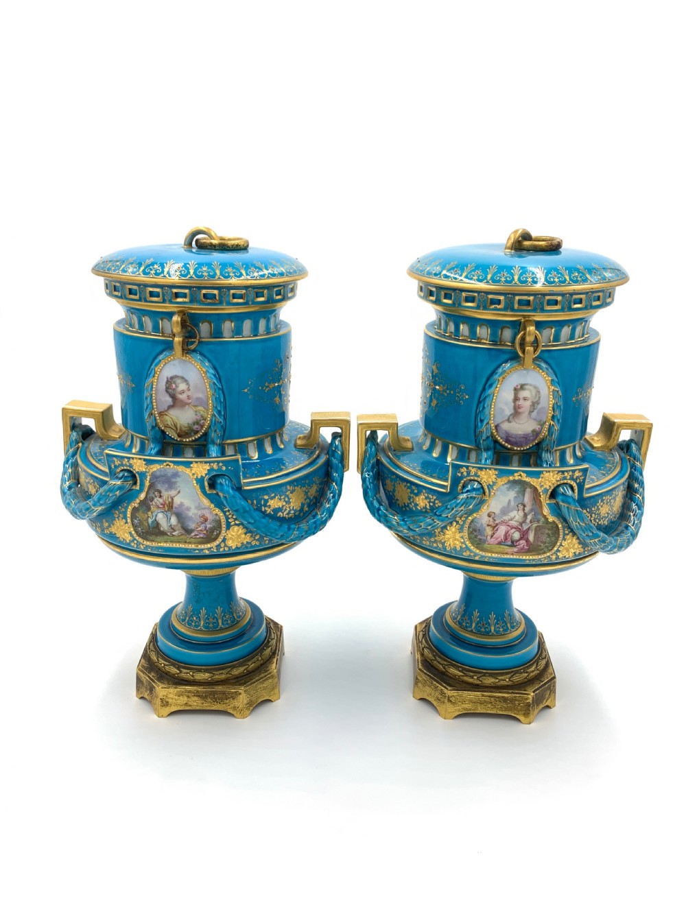 PAIR OF SKY BLUE SEVRES STYLE VASES