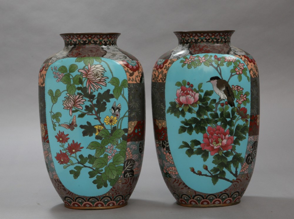 Pair of Japanese 19th century Meiji Period cloisonné enamel vases 