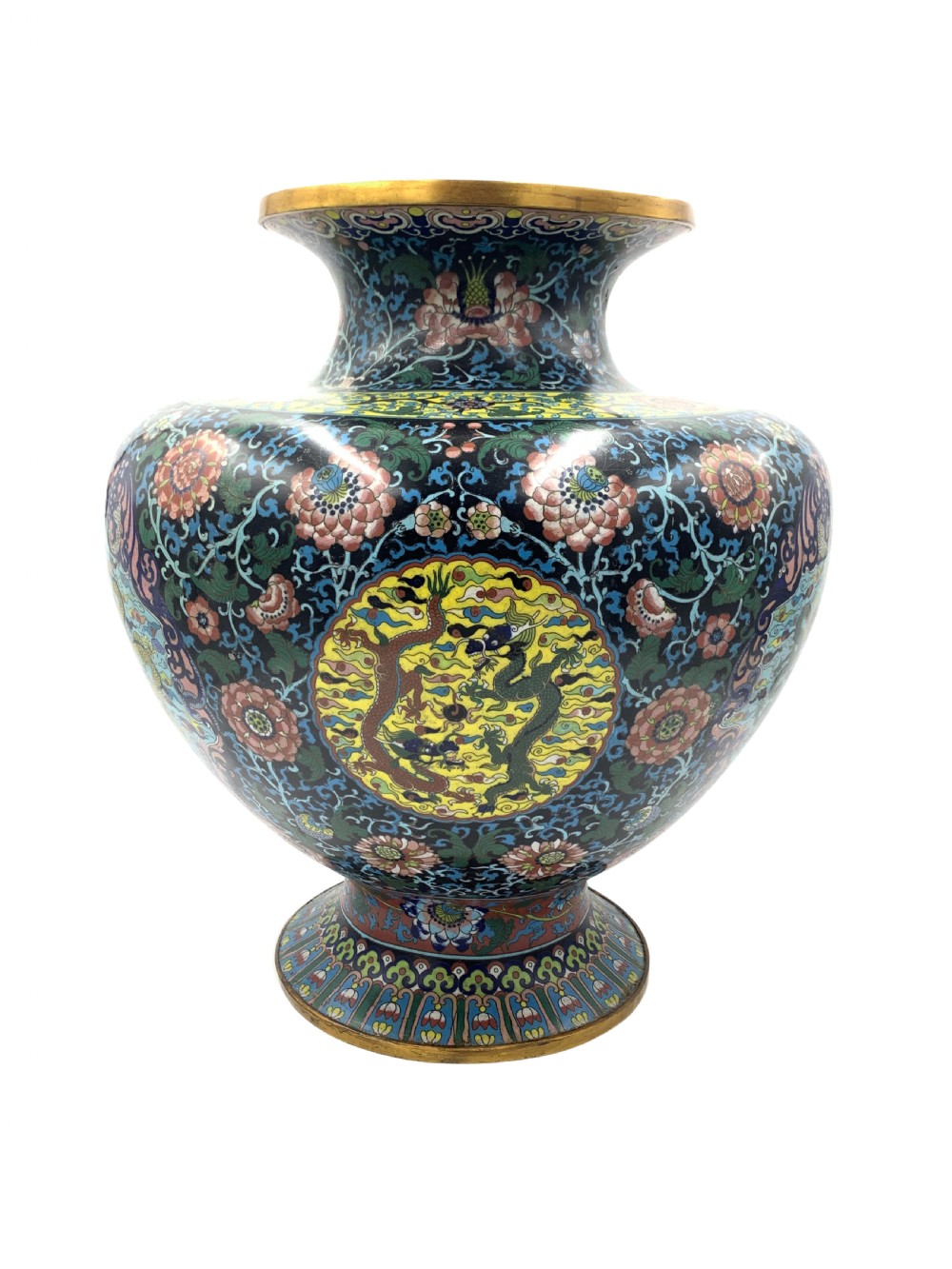 A bulbous 19th-century Chinese cloisonne enamel vase with a flared neck, featuring circular yellow dragon medallions surrounded by dense floral scrollwork on a dark blue ground.