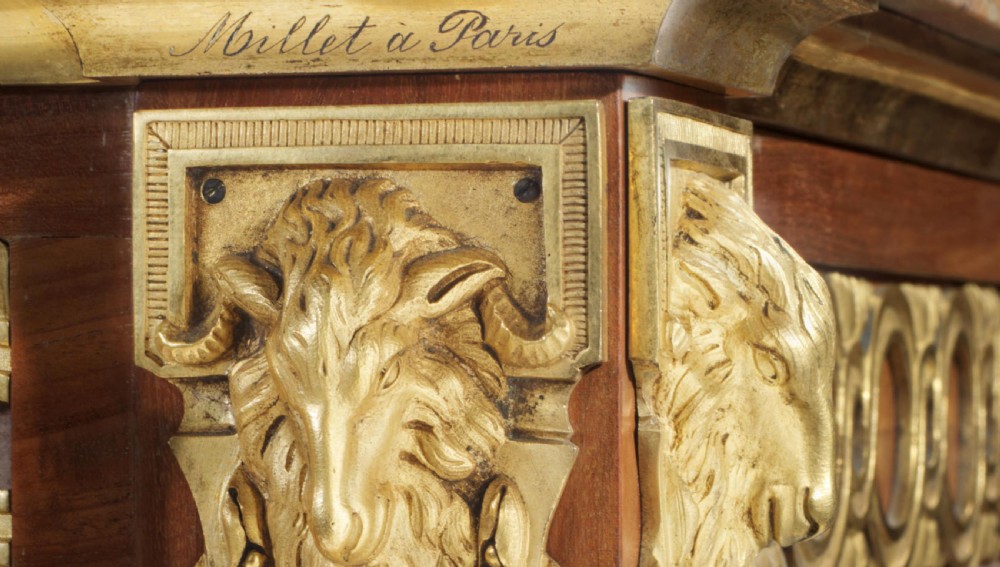 A French Louis XVI style parquetry secretaire a abattant featuring a drop-front writing flap, lower cupboard doors, gilt-bronze mounts, and a marble top. View V