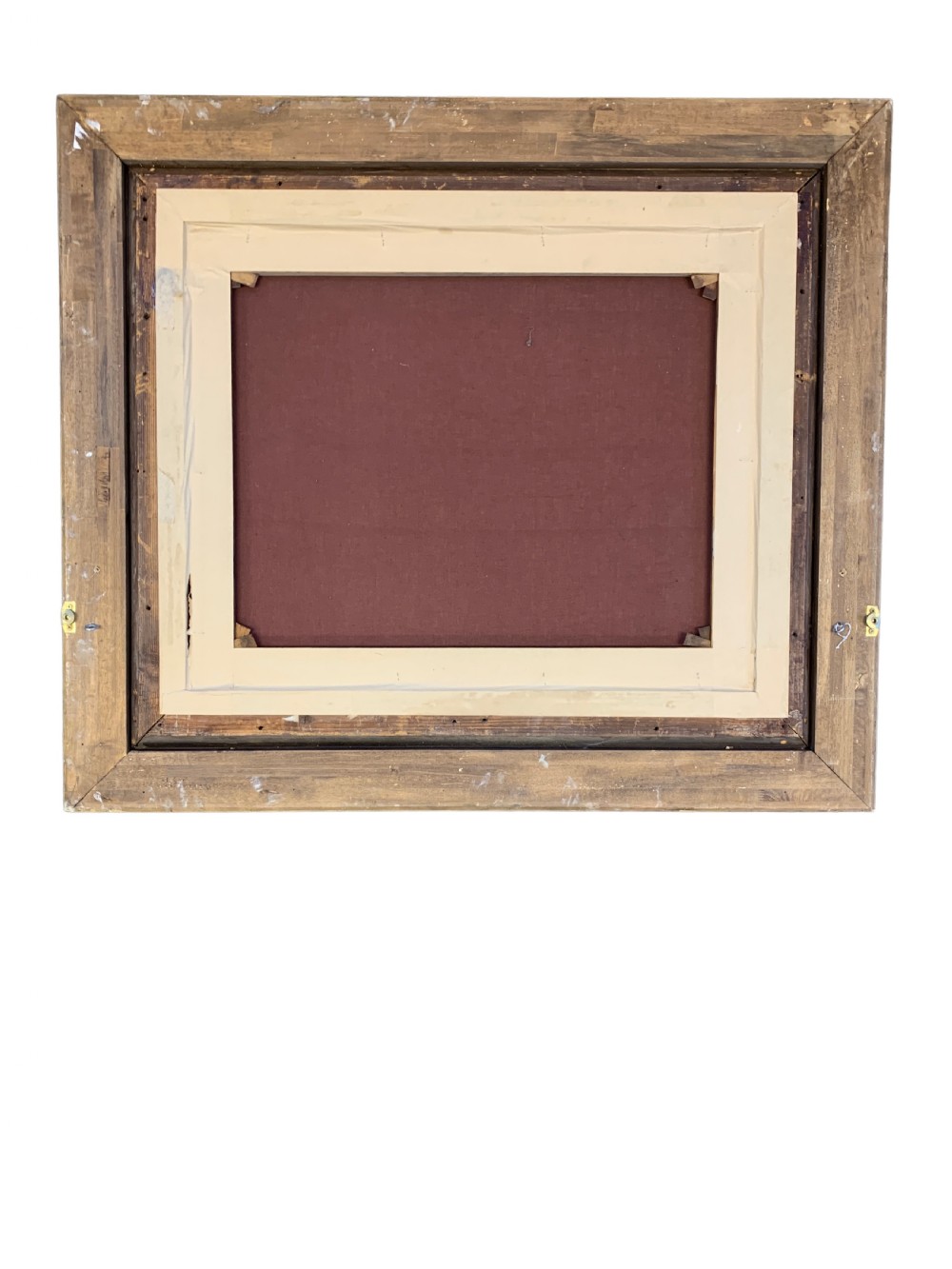 An antique oil painting depicting a mother and two children in a rustic interior, enclosed within an ornate gilded frame. View II