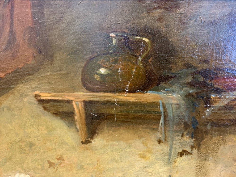 An antique oil painting depicting a mother and two children in a rustic interior, enclosed within an ornate gilded frame. View VIII