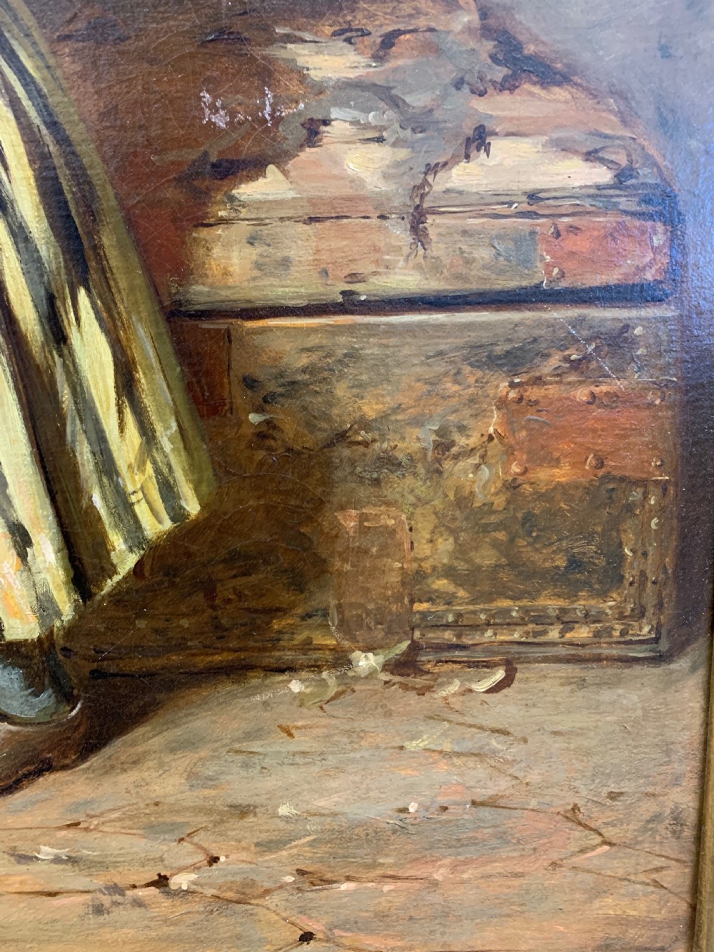 An antique oil painting depicting a mother and two children in a rustic interior, enclosed within an ornate gilded frame. View XIII