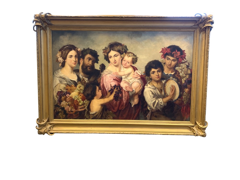 A 19th-century oil painting on canvas depicting a classical grape harvest celebration with multiple figures, presented in an elaborate gilded wood frame.