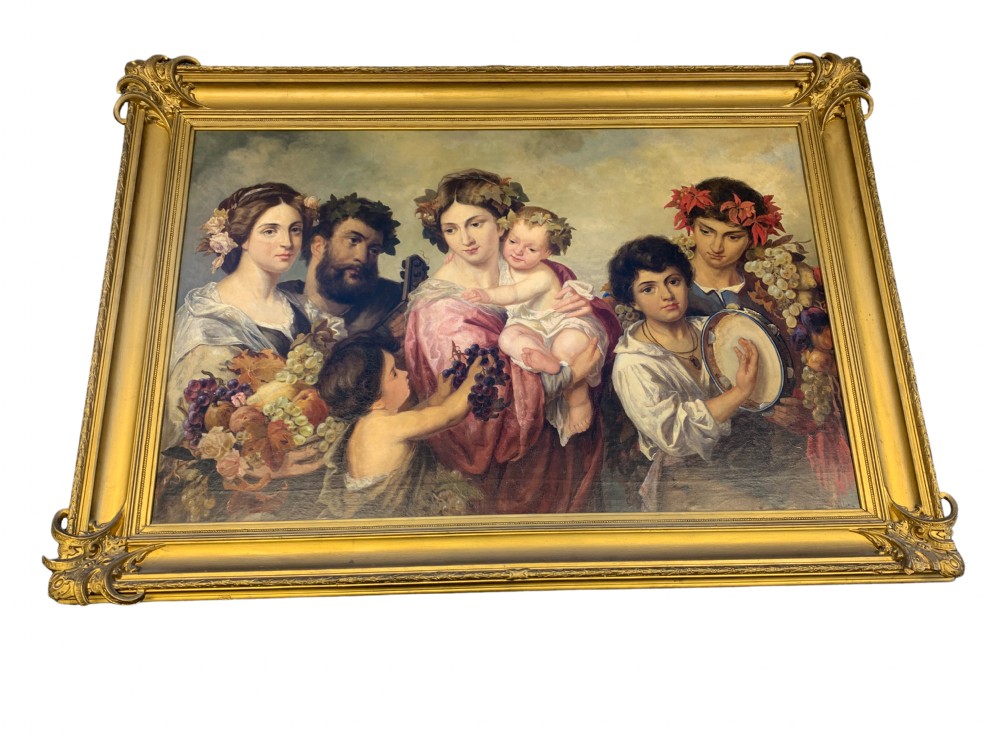 A 19th-century oil painting on canvas depicting a classical grape harvest celebration with multiple figures, presented in an elaborate gilded wood frame. View II
