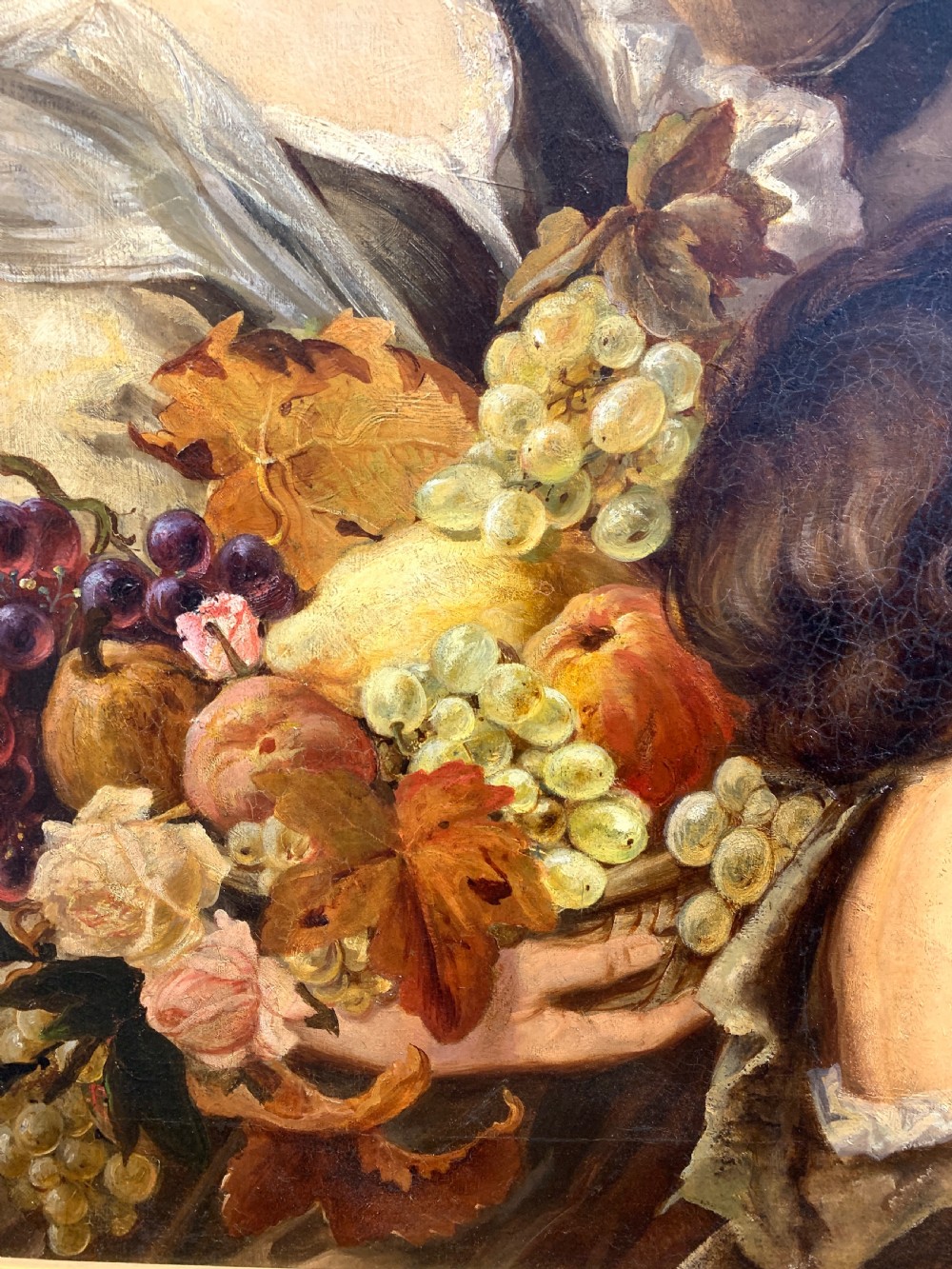 A 19th-century oil painting on canvas depicting a classical grape harvest celebration with multiple figures, presented in an elaborate gilded wood frame. View VIII