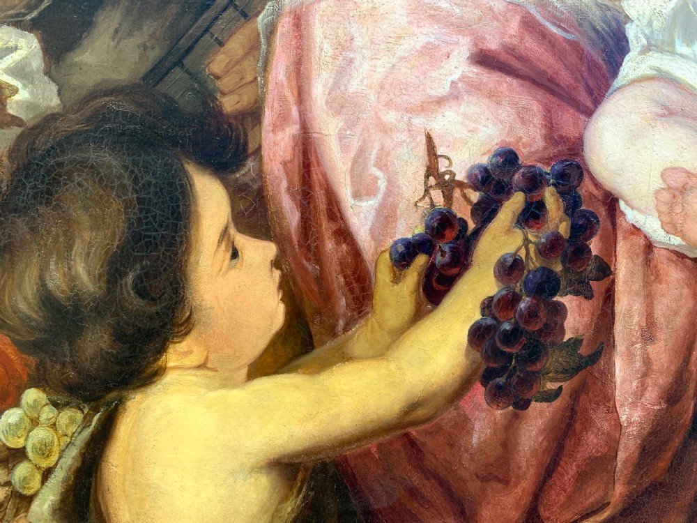 A 19th-century oil painting on canvas depicting a classical grape harvest celebration with multiple figures, presented in an elaborate gilded wood frame. View IX