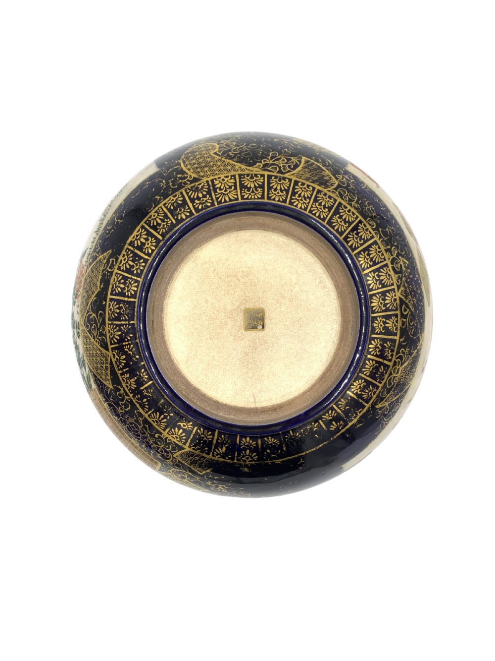 A deep circular Japanese Satsuma earthenware bowl with detailed hand-painted figural scenes, dense gilt borders, and a crackle glaze. View III
