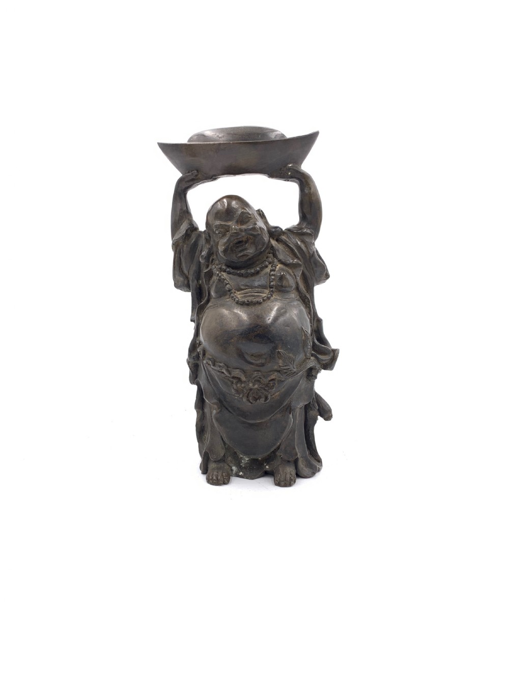 A collection of five cast metal Laughing Buddha statues in various poses and metallic finishes. View II