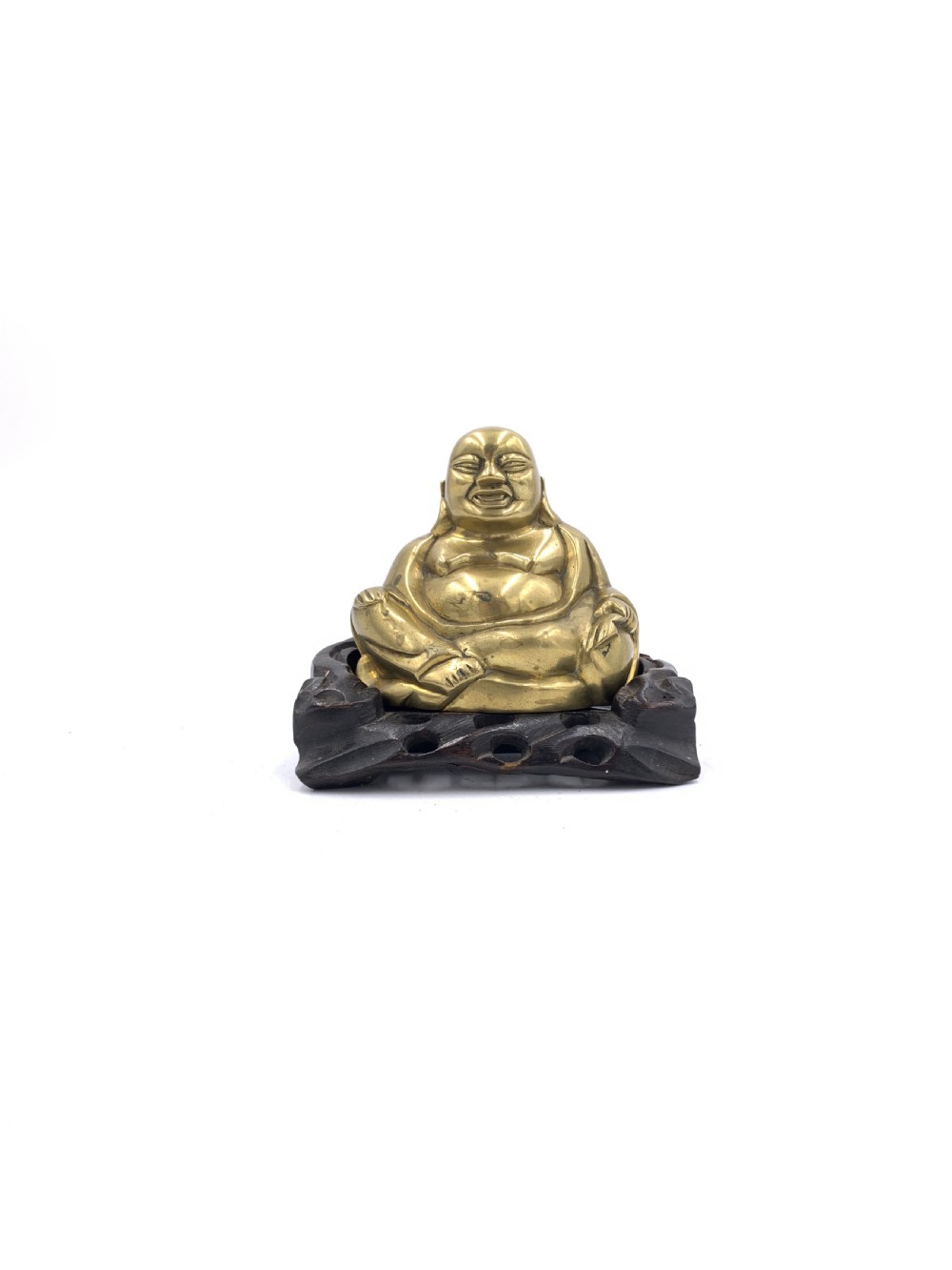 A collection of five cast metal Laughing Buddha statues in various poses and metallic finishes. View III
