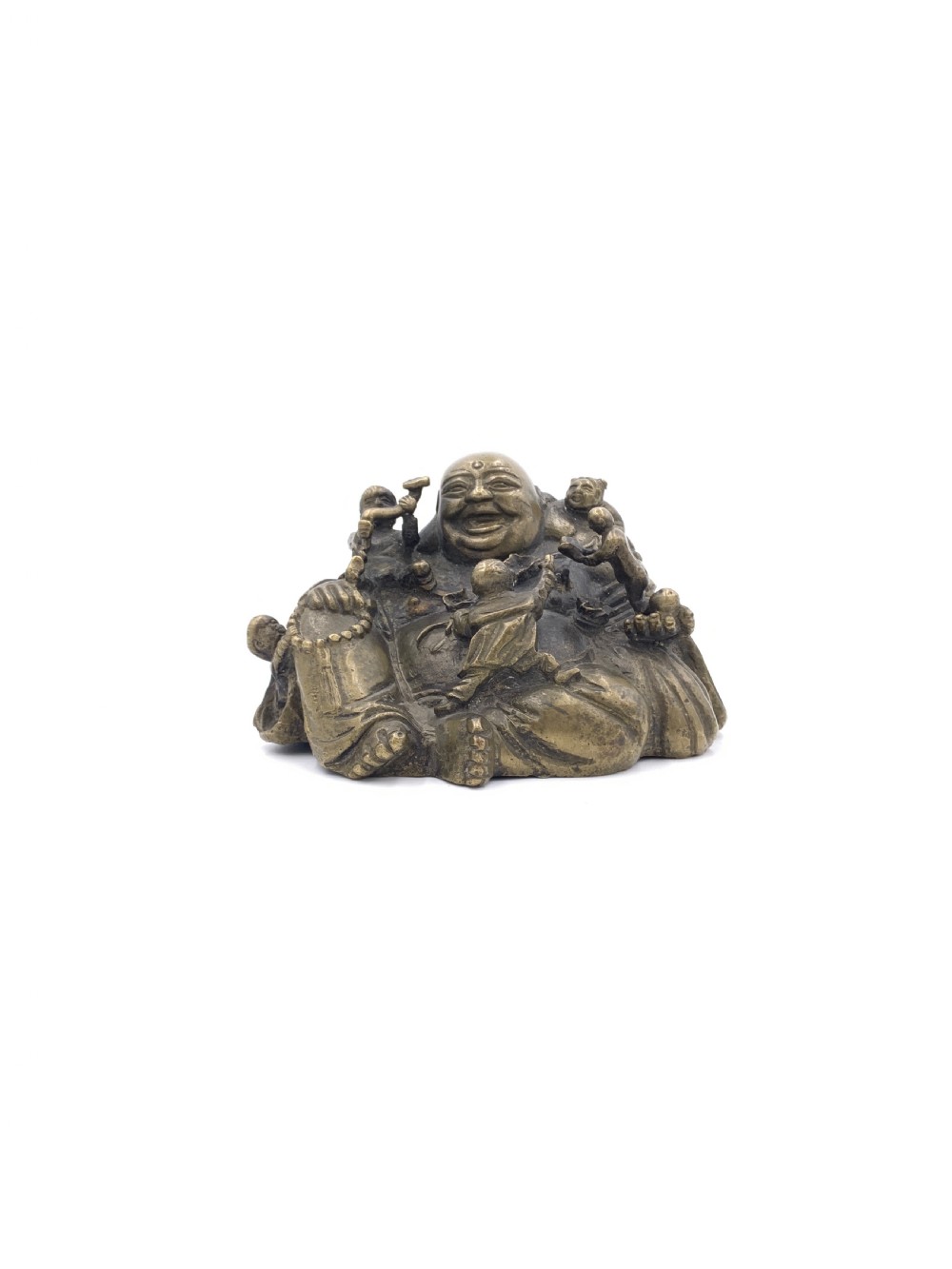 A collection of five cast metal Laughing Buddha statues in various poses and metallic finishes. View IV