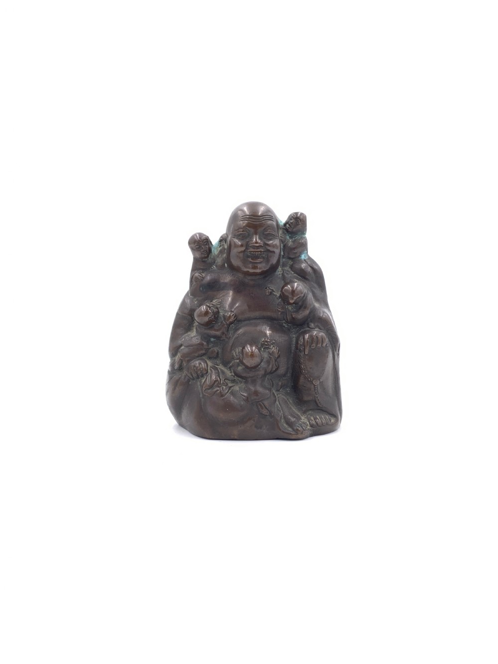 A collection of five cast metal Laughing Buddha statues in various poses and metallic finishes. View V