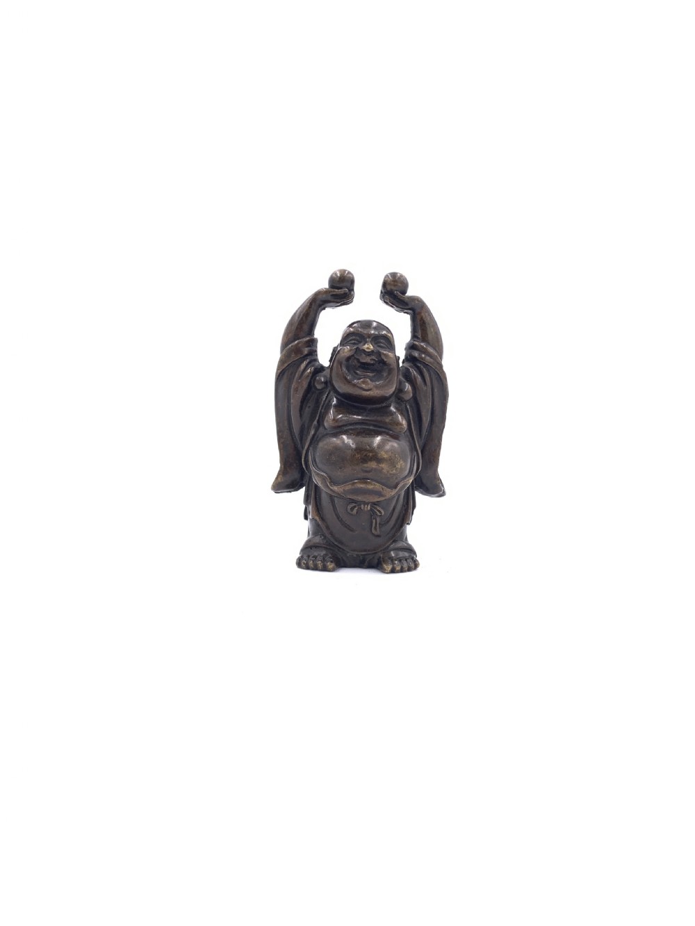 A collection of five cast metal Laughing Buddha statues in various poses and metallic finishes. View VI