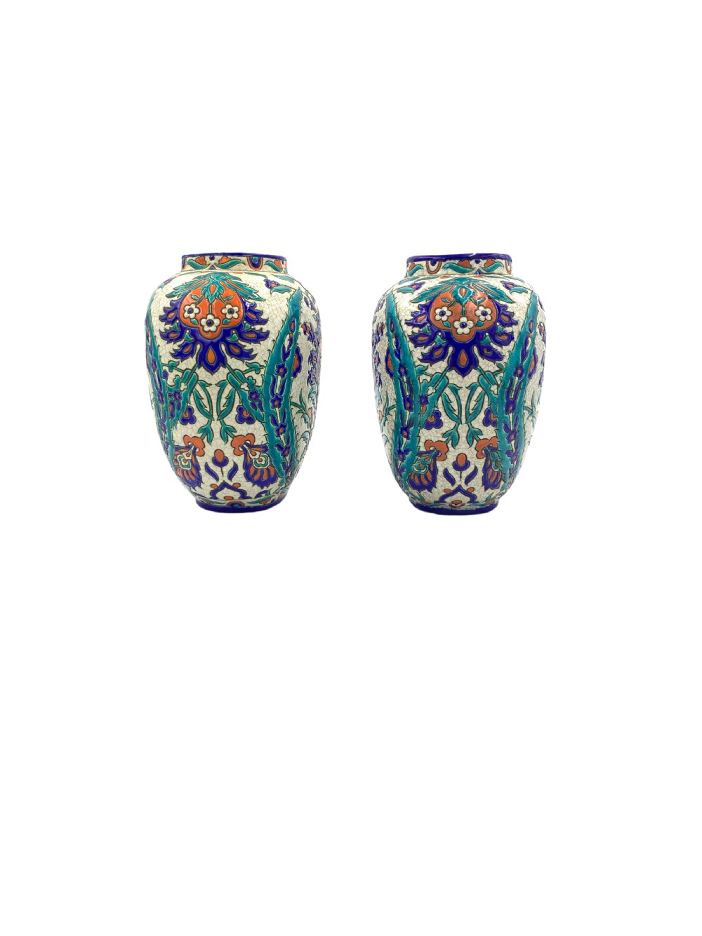 A pair of round ceramic vases decorated with Iznik-style blue, turquoise, and orange floral motifs over a crackled white glaze. View II