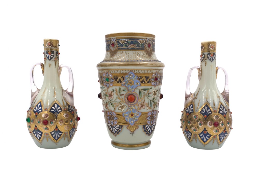SET OF THREE JEWELLED BOHEMIAN OPALINE VASES, 19TH CENTURY 