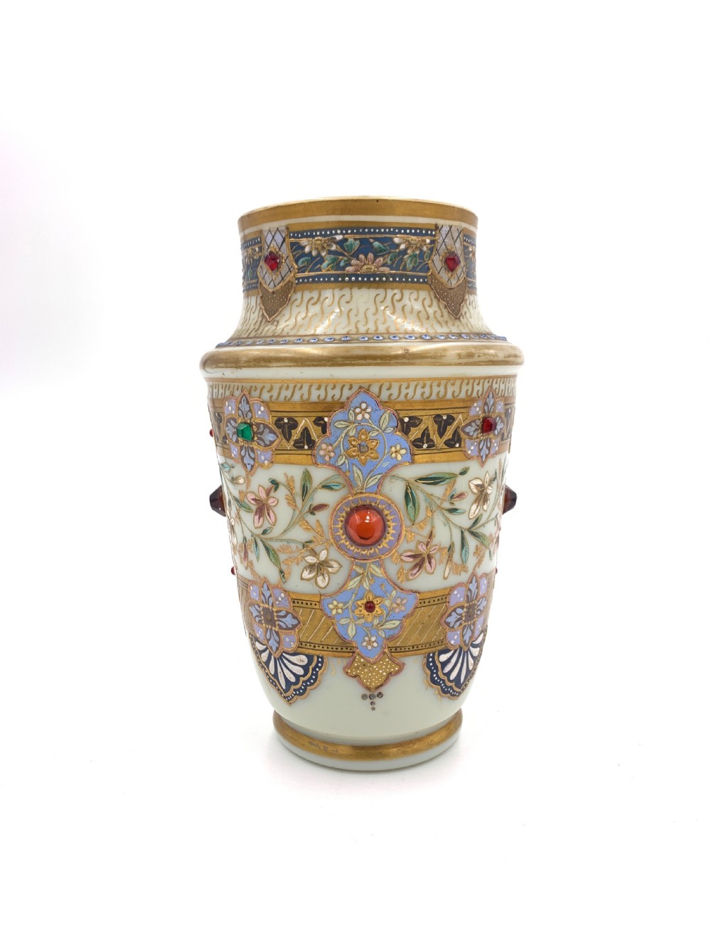 SET OF THREE JEWELLED BOHEMIAN OPALINE VASES, 19TH CENTURY  View II