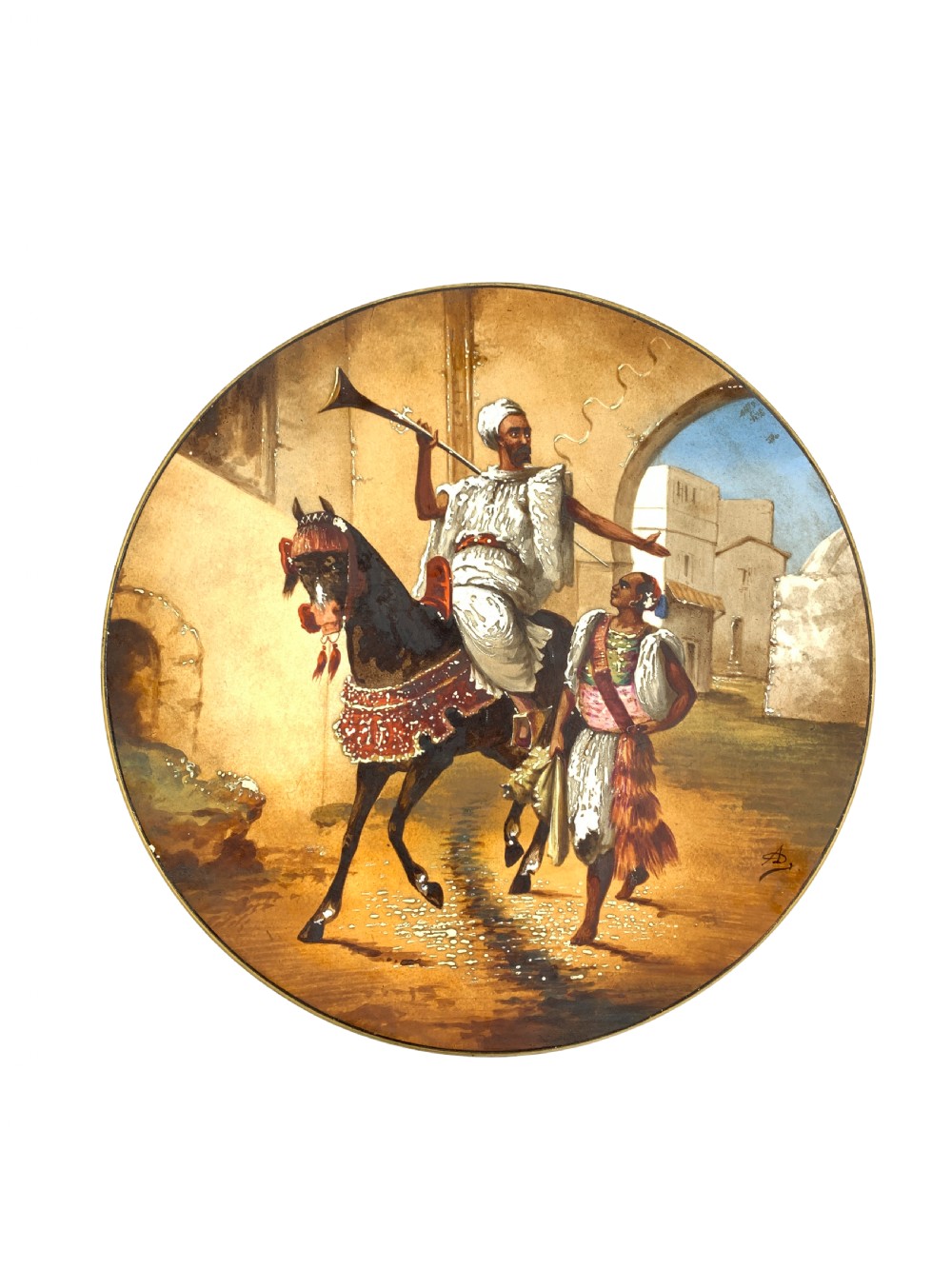 A circular 19th-century French porcelain plate decorated with a hand-painted Orientalist scene depicting an Arab horseman on a dark horse accompanied by a attendant in a sunny courtyard.