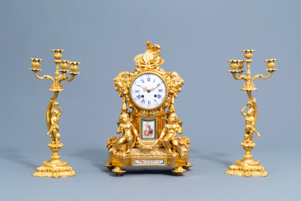 A GILT BRONZE SÈVRES STYLE CLOCK SET, LOUIS XV STYLE, FRANCE, 19TH CENTURY  View II