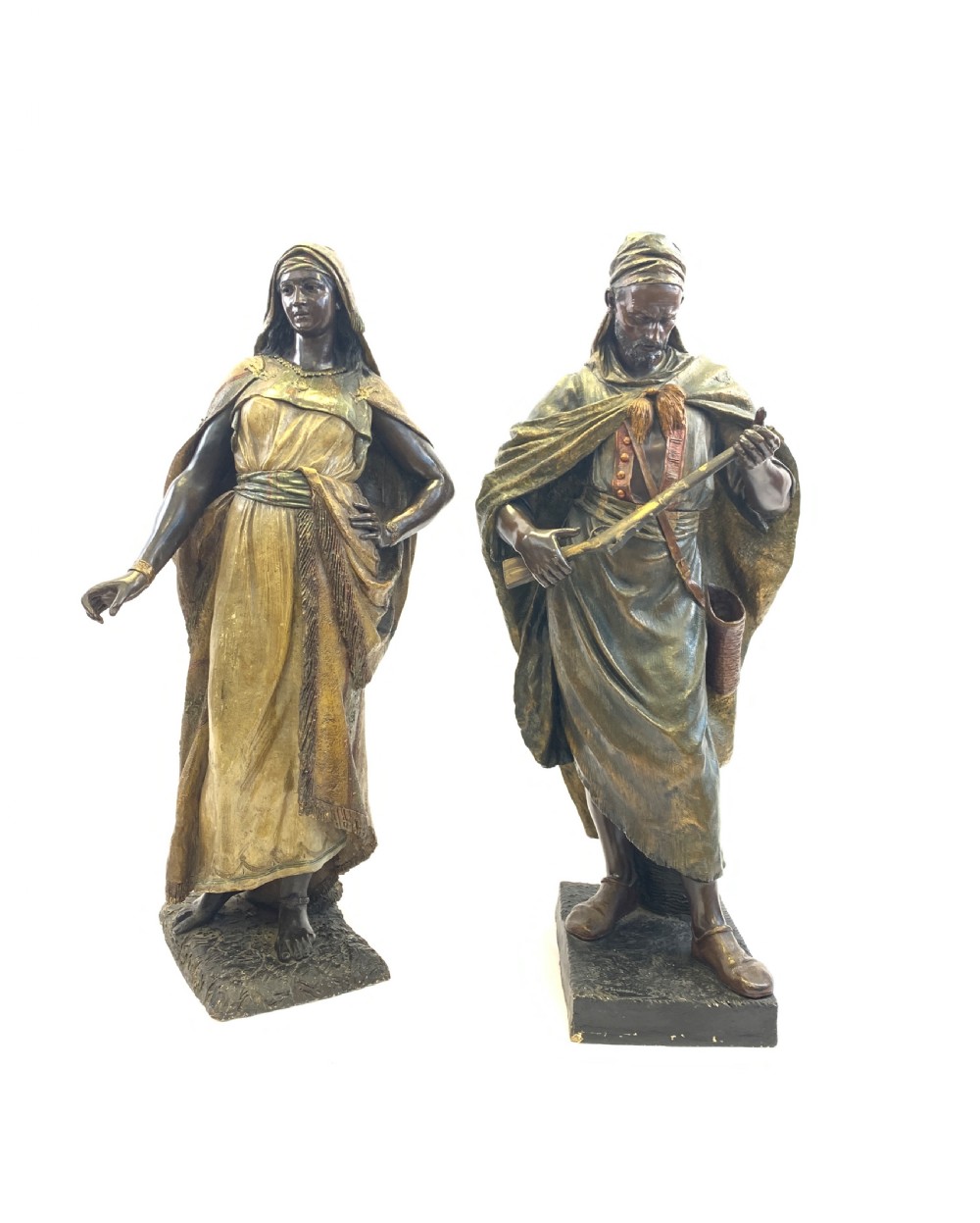 PAIR OF POLYCHROME TERRACOTTA FIGURES OF AN ORIENTAL LADY AND ARAB SOLDIER BY FRIEDRICH GOLDSCHEIDER, 19TH CENTURY 