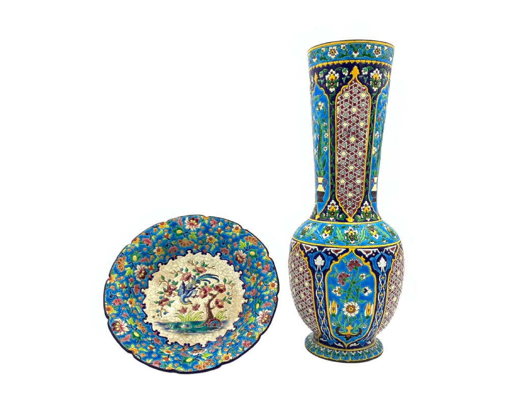 LONGWY FAIENCE ENAMELLED PLATE AND VASE 