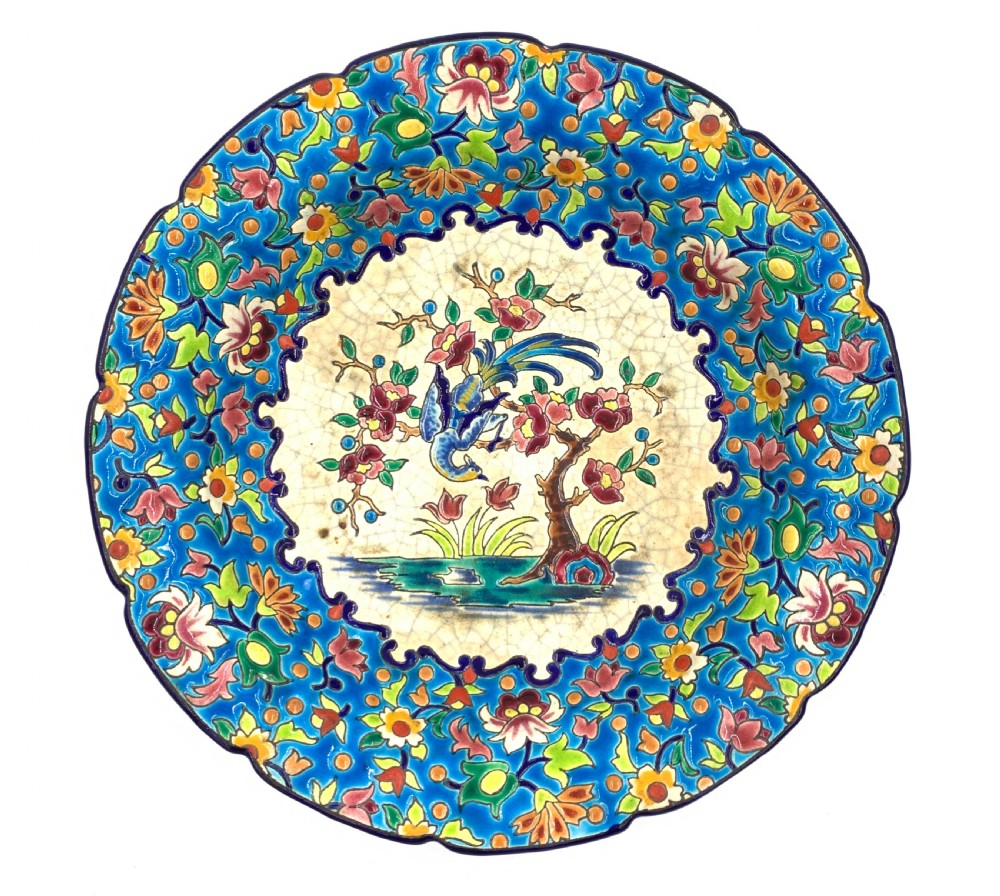 LONGWY FAIENCE ENAMELLED PLATE AND VASE  View VIII