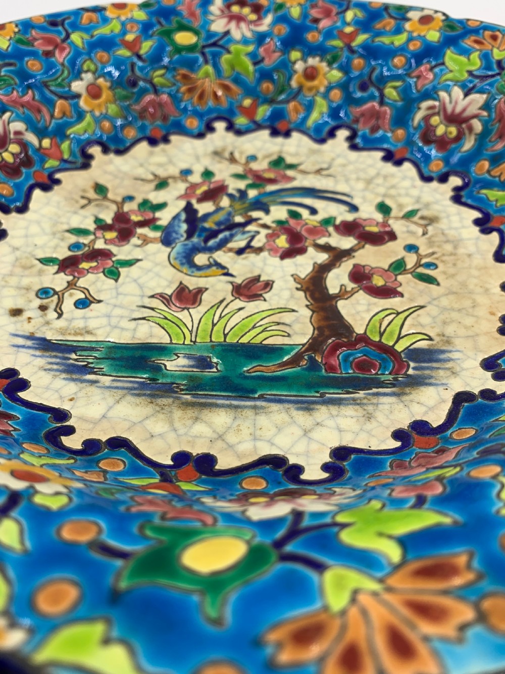 LONGWY FAIENCE ENAMELLED PLATE AND VASE  View X
