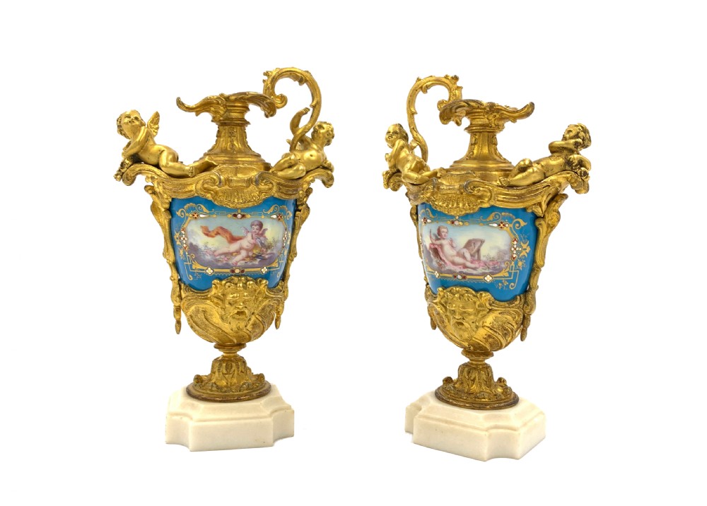 PAIR OF SEVRES STYLE JEWELLED PORCELAIN AND GILT METAL EWER VASES, 19TH CENTURY  