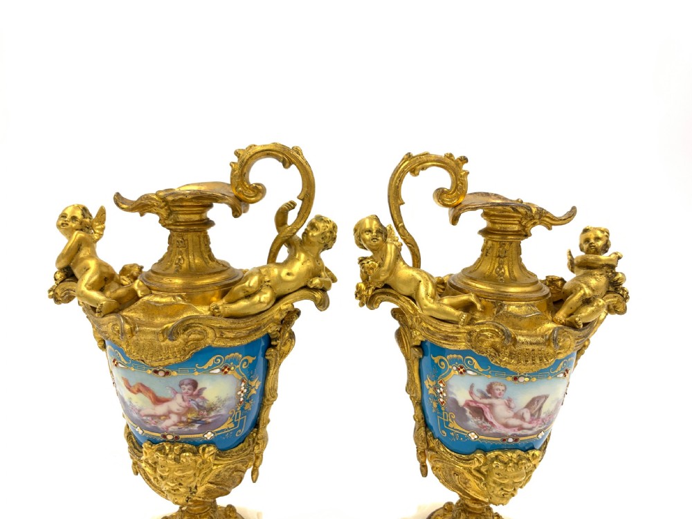PAIR OF SEVRES STYLE JEWELLED PORCELAIN AND GILT METAL EWER VASES, 19TH CENTURY   View III