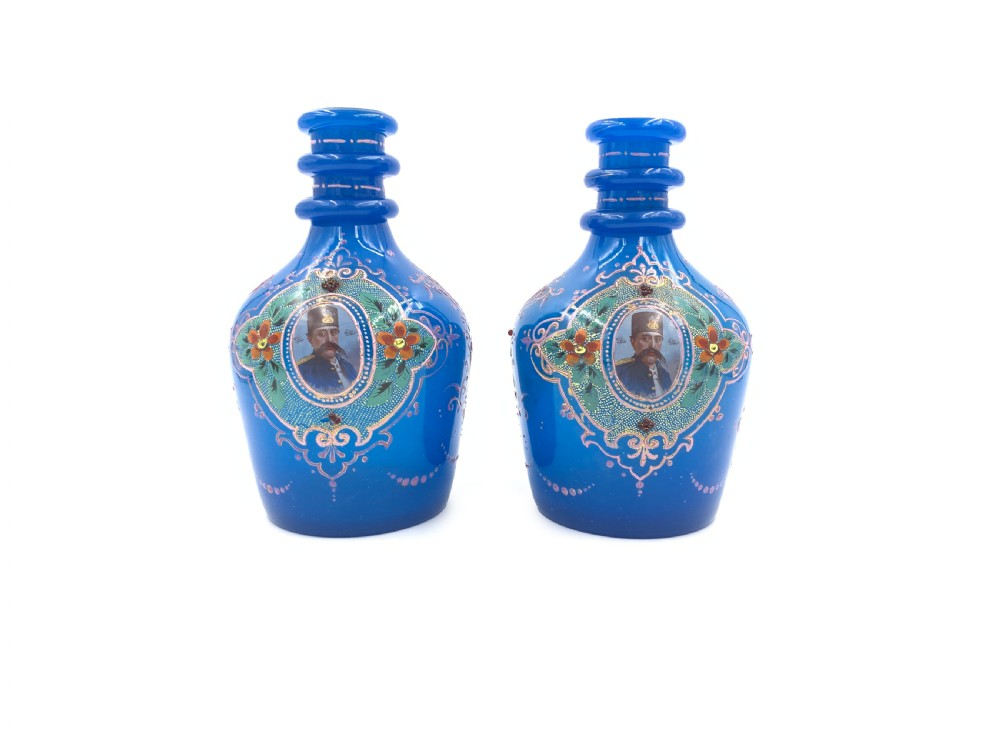 A PAIR OF ROYAL BLUE OPAQUE JEWELLED AND ENAMELLED BOHEMIAN GLASS HOOKAH BASES WITH PORTRAITS OF SULTAN MOZAFFAR AL-DIN SHAH QAJAR DATED 1315 HIJRI  View III