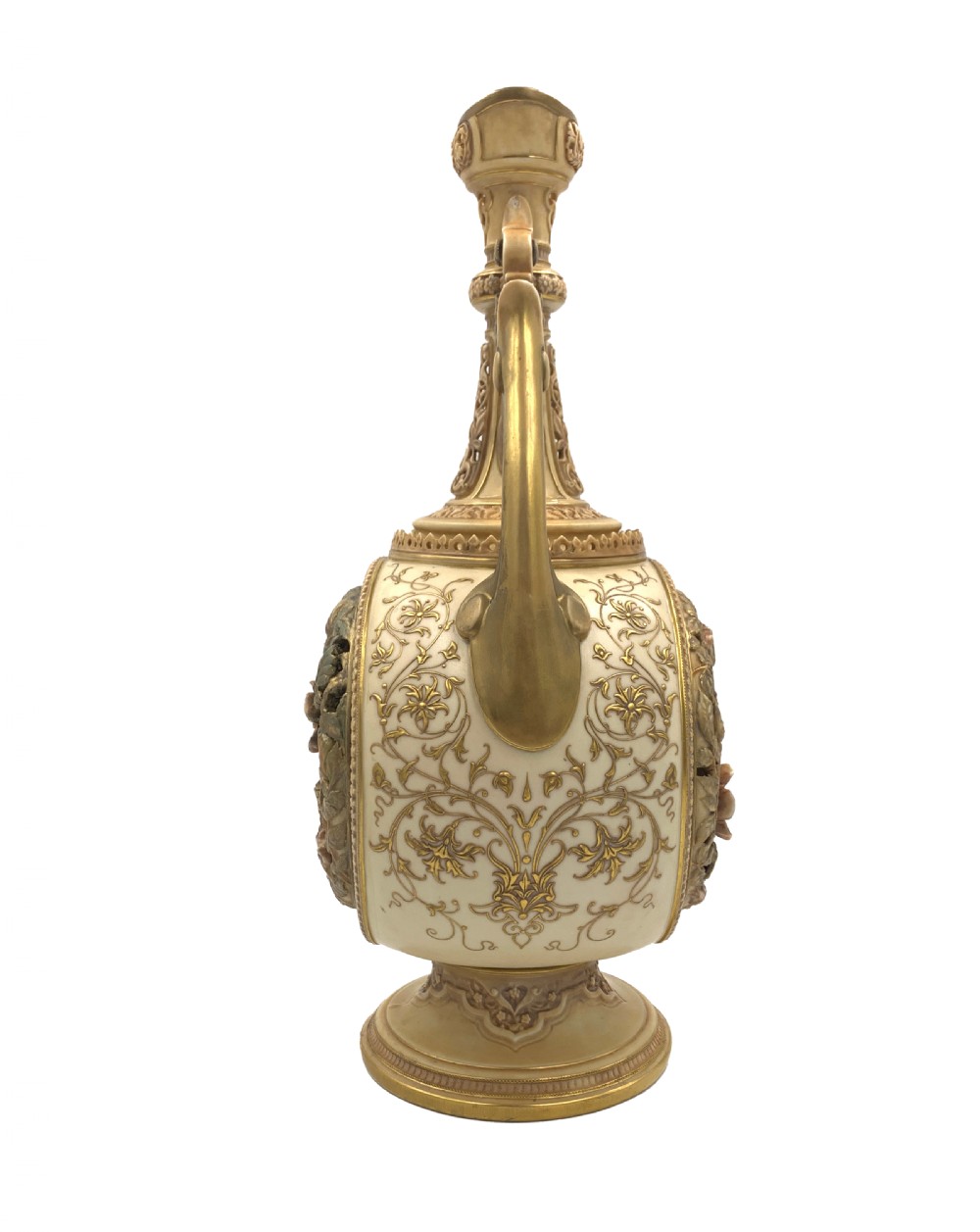 A late 19th-century Royal Worcester porcelain vase featuring twin handles, pierced reticulated panels, gilt accenting, and relief floral decoration on a blush ivory surface. View IV