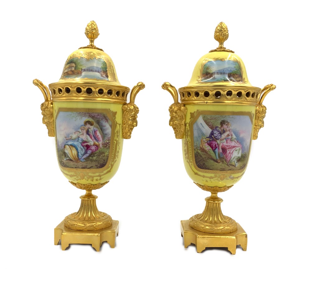 PAIR OF 19TH CENTURY SEVRES STYLE PORCELAIN AND ORMOLU LIDDED VASES 