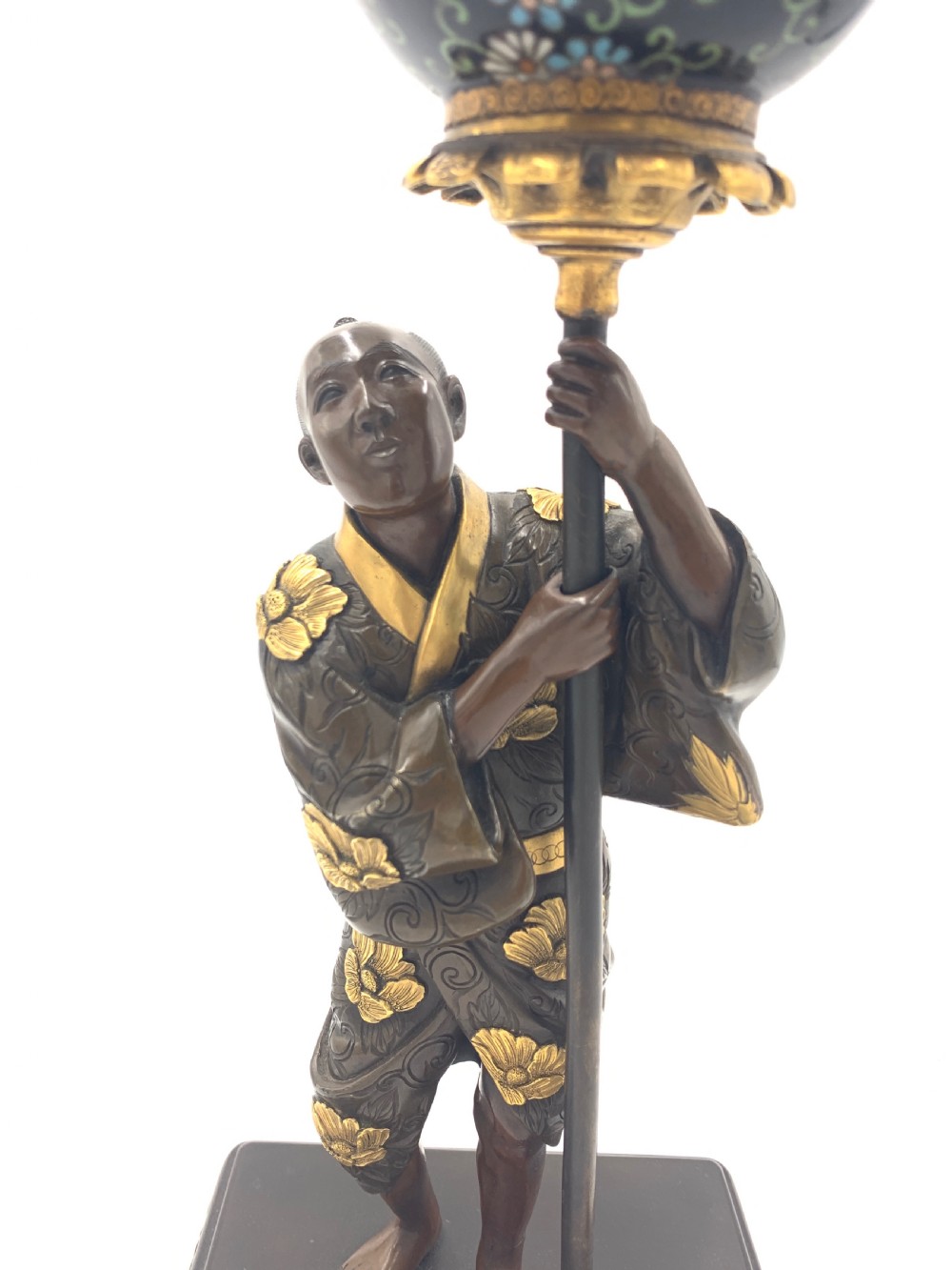 JAPANESE GILT BRONZE FIGURE HOLDING A CLOISONNÉ URN , MEIJI PERIOD  View V