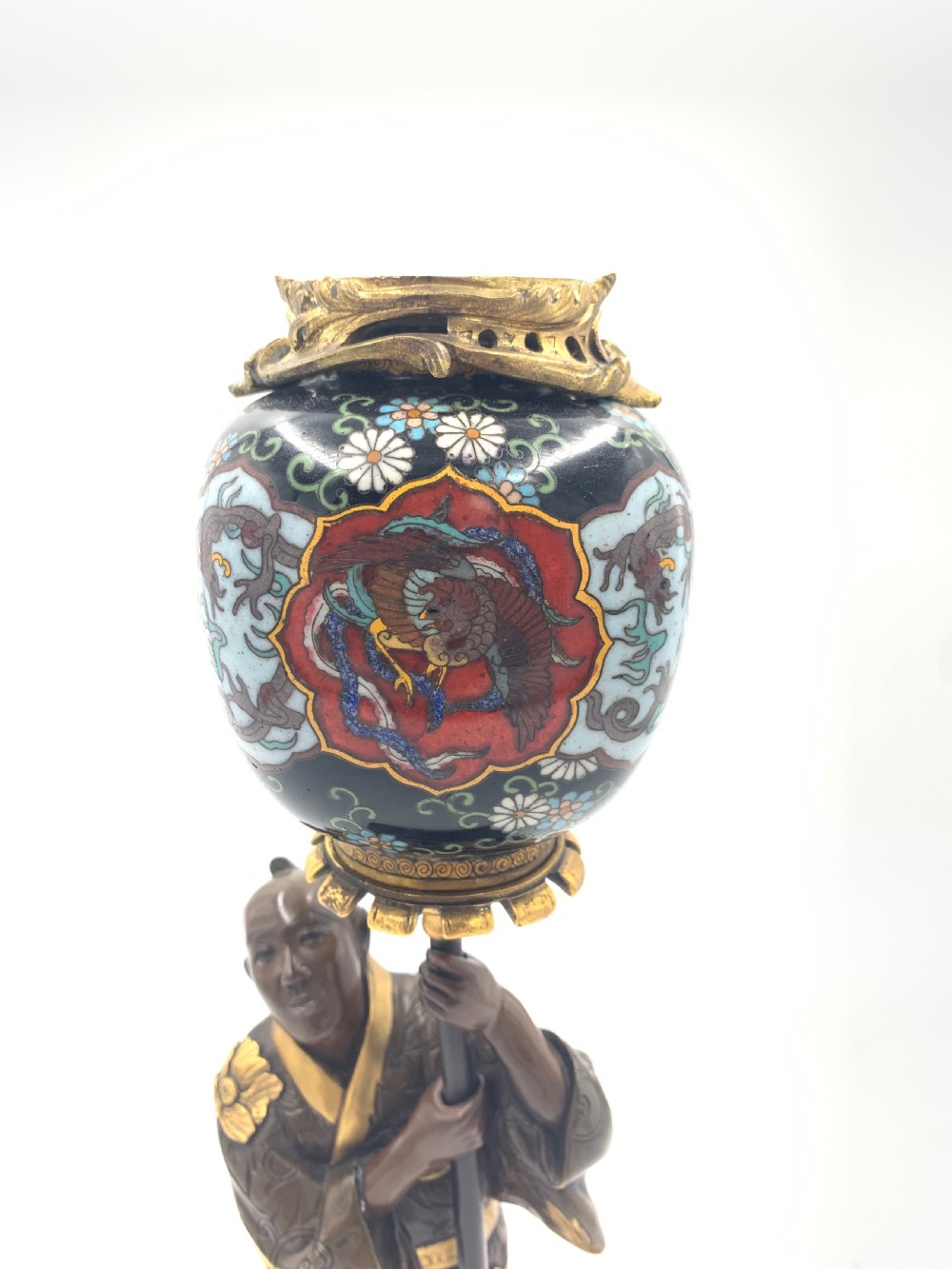 JAPANESE GILT BRONZE FIGURE HOLDING A CLOISONNÉ URN , MEIJI PERIOD  View VI