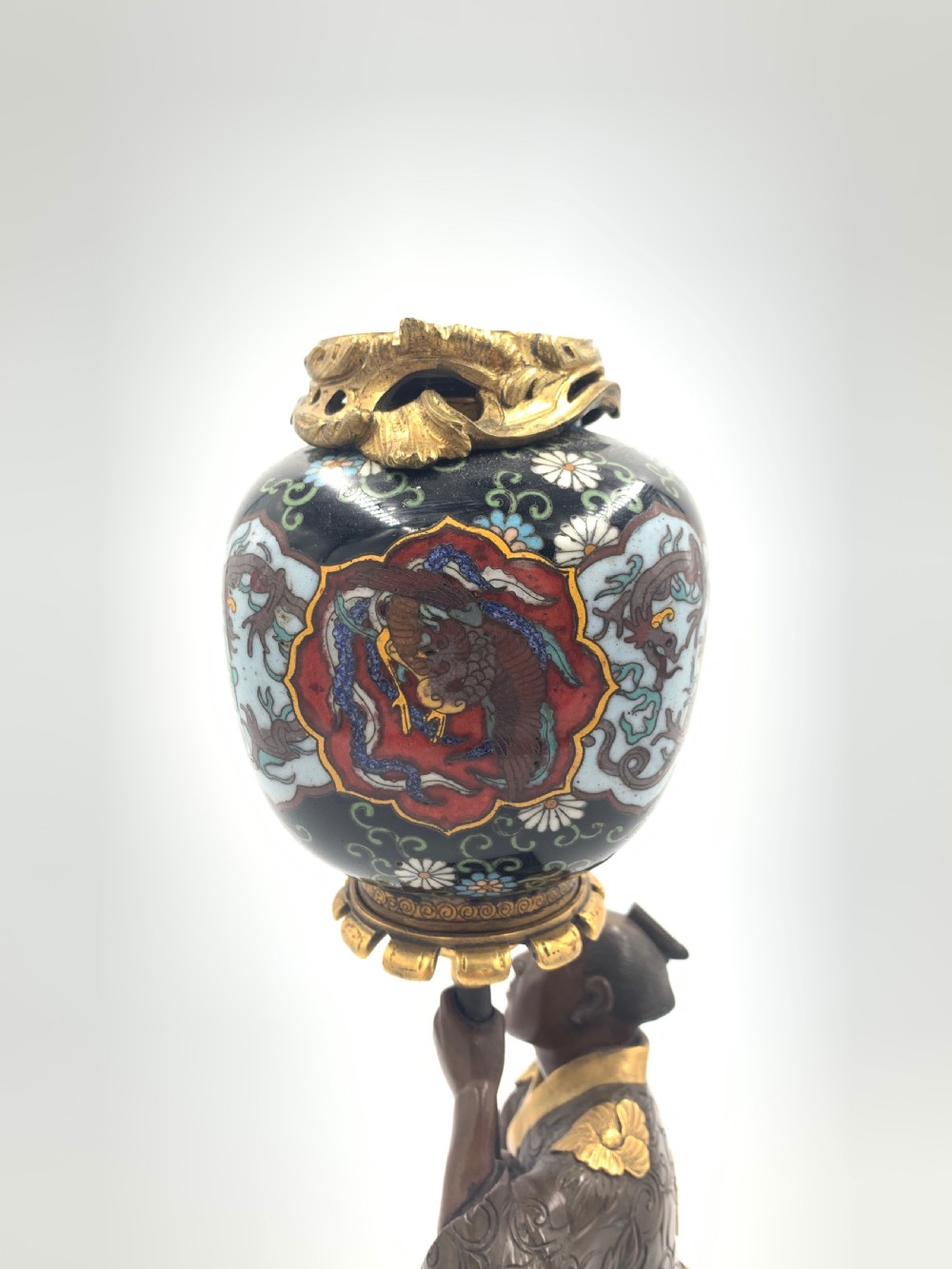 JAPANESE GILT BRONZE FIGURE HOLDING A CLOISONNÉ URN , MEIJI PERIOD  View VII