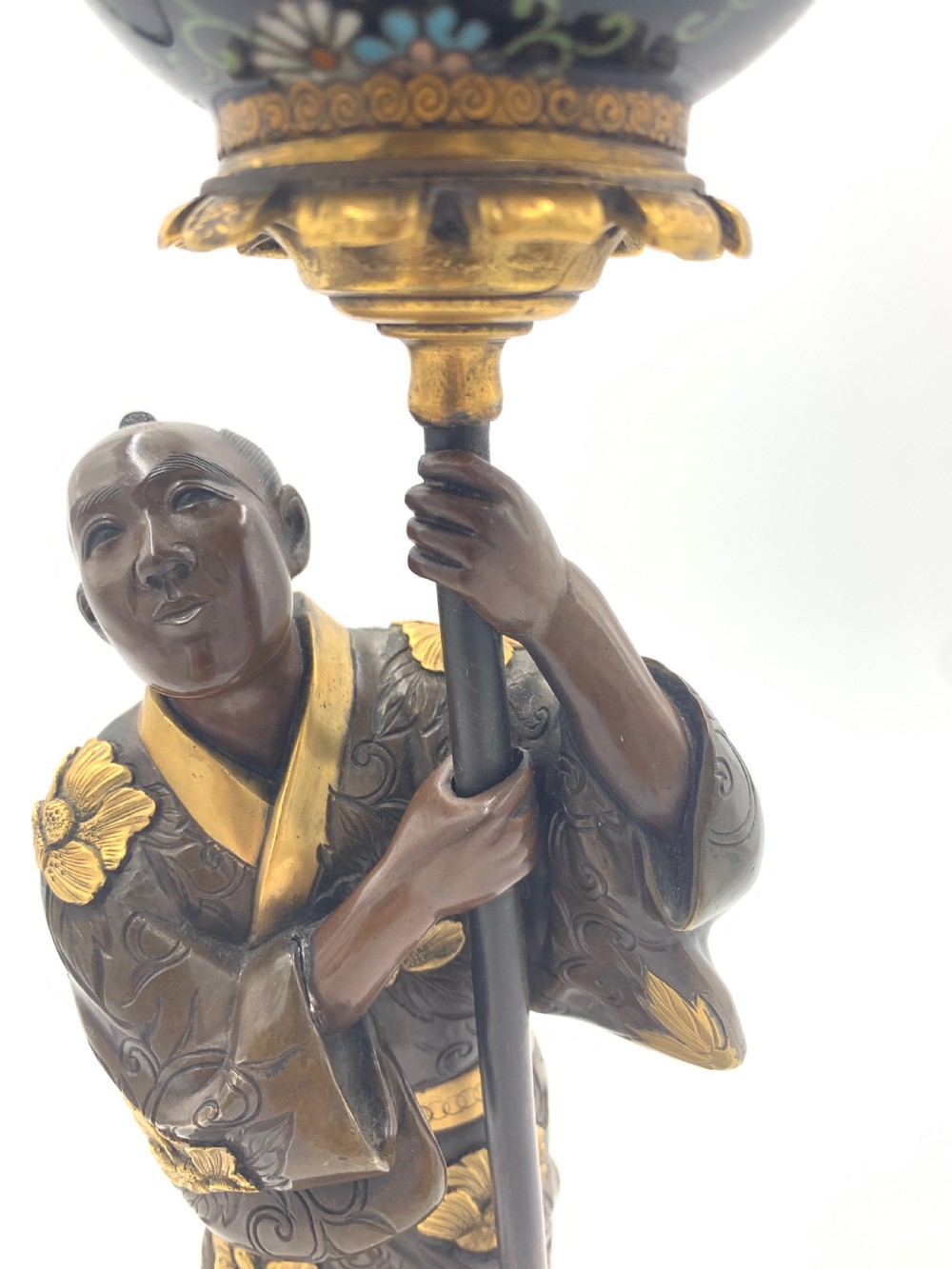 JAPANESE GILT BRONZE FIGURE HOLDING A CLOISONNÉ URN , MEIJI PERIOD  View VIII
