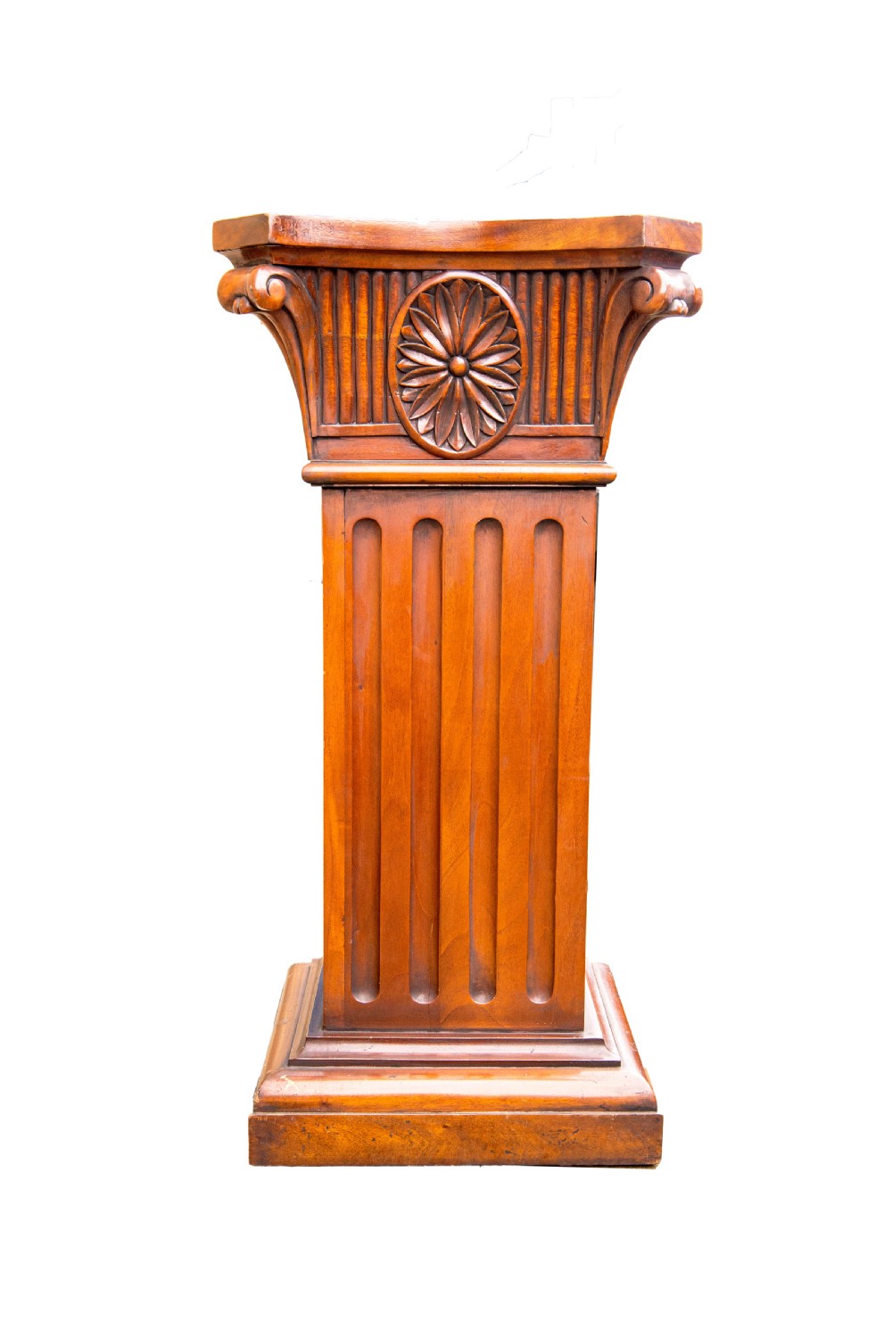 A pair of warm brown carved wooden pedestals featuring fluted shafts, ionic volutes, carved floral rosettes, and stepped square bases. View III