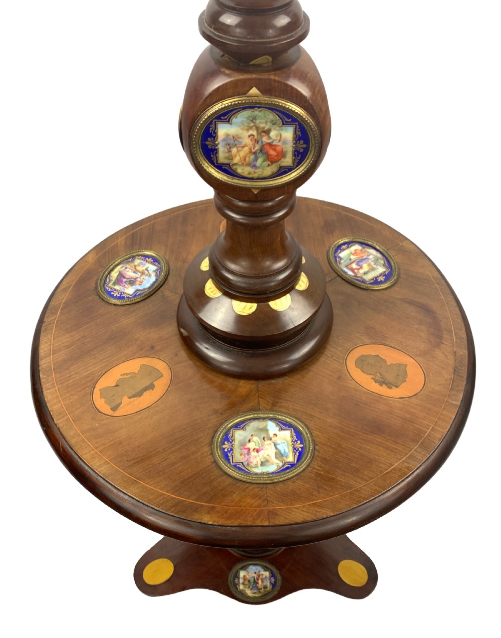 MAHOGANY LAMP STANDARD DECORATED WITH SEVRES STYLE PORCELAIN PLAQUES  View II