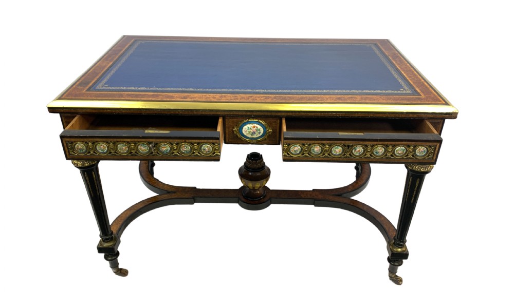 A VICTORIAN AMBOYNA WOOD AND EBONISED WRITING DESK WITH SEVRES STYLE PORCELAIN PLAQUES  View IV