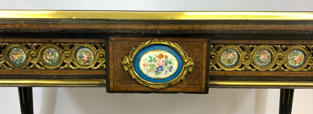 A VICTORIAN AMBOYNA WOOD AND EBONISED WRITING DESK WITH SEVRES STYLE PORCELAIN PLAQUES  View IX