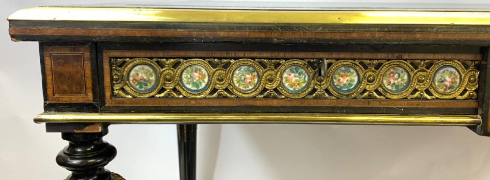 A VICTORIAN AMBOYNA WOOD AND EBONISED WRITING DESK WITH SEVRES STYLE PORCELAIN PLAQUES  View X