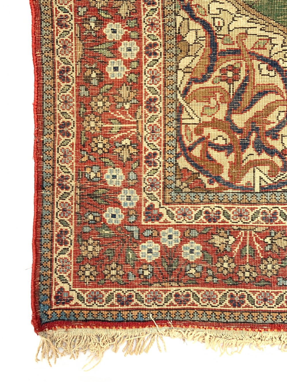 A hand-knotted antique Persian pictorial rug depicting Tsar Nicholas II of Russia in military uniform, framed by a cream archway and a dark red floral border with Persian script. View VII