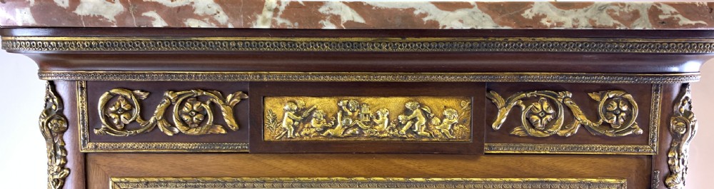 A French Louis XV style glazed vitrine featuring a contoured marble top, gilt-metal mounts, lower parquetry panels, and slender cabriole legs. View III
