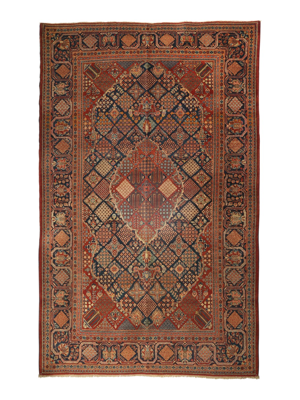A rectangular Persian wool area rug featuring a central diamond medallion surrounded by intricate geometric lattice patterning in red, navy blue, and terracotta hues.