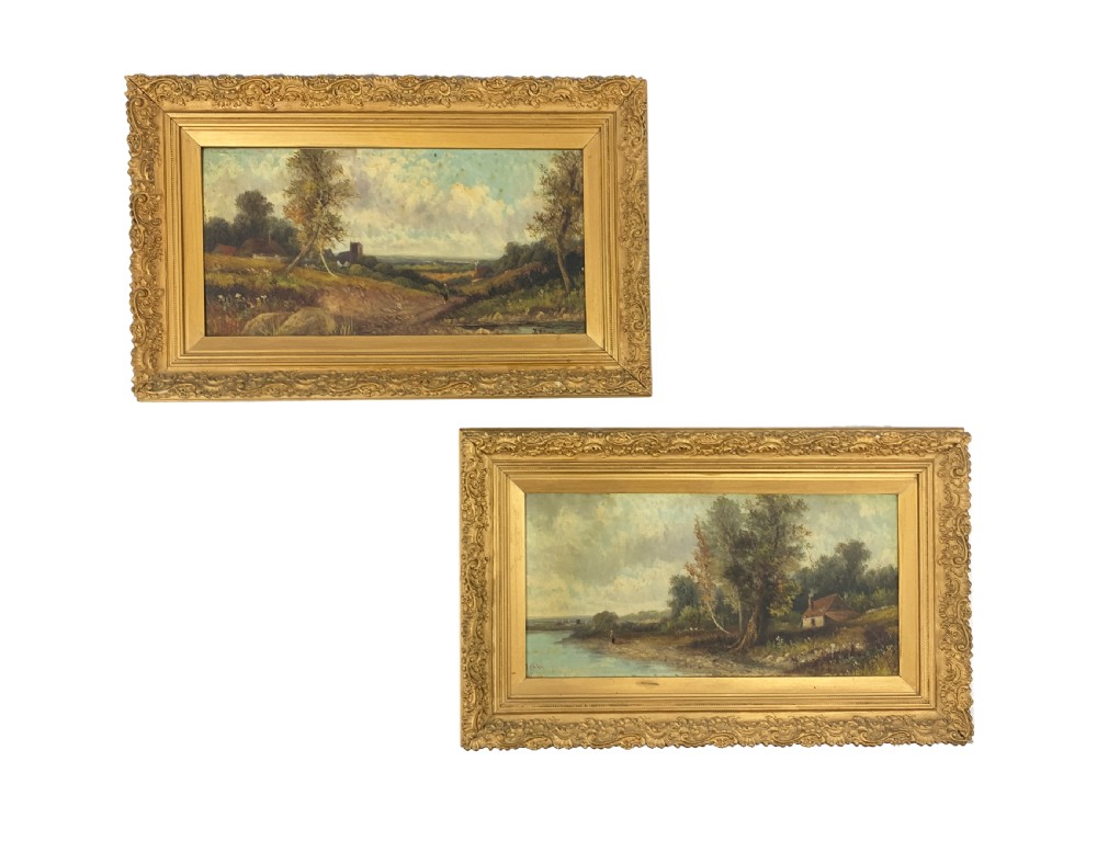 PAIR OF 18TH CENTURY GILT-WOOD FRAMED OIL ON CANVAS LANDSCAPES, SIGNED J.HALL 