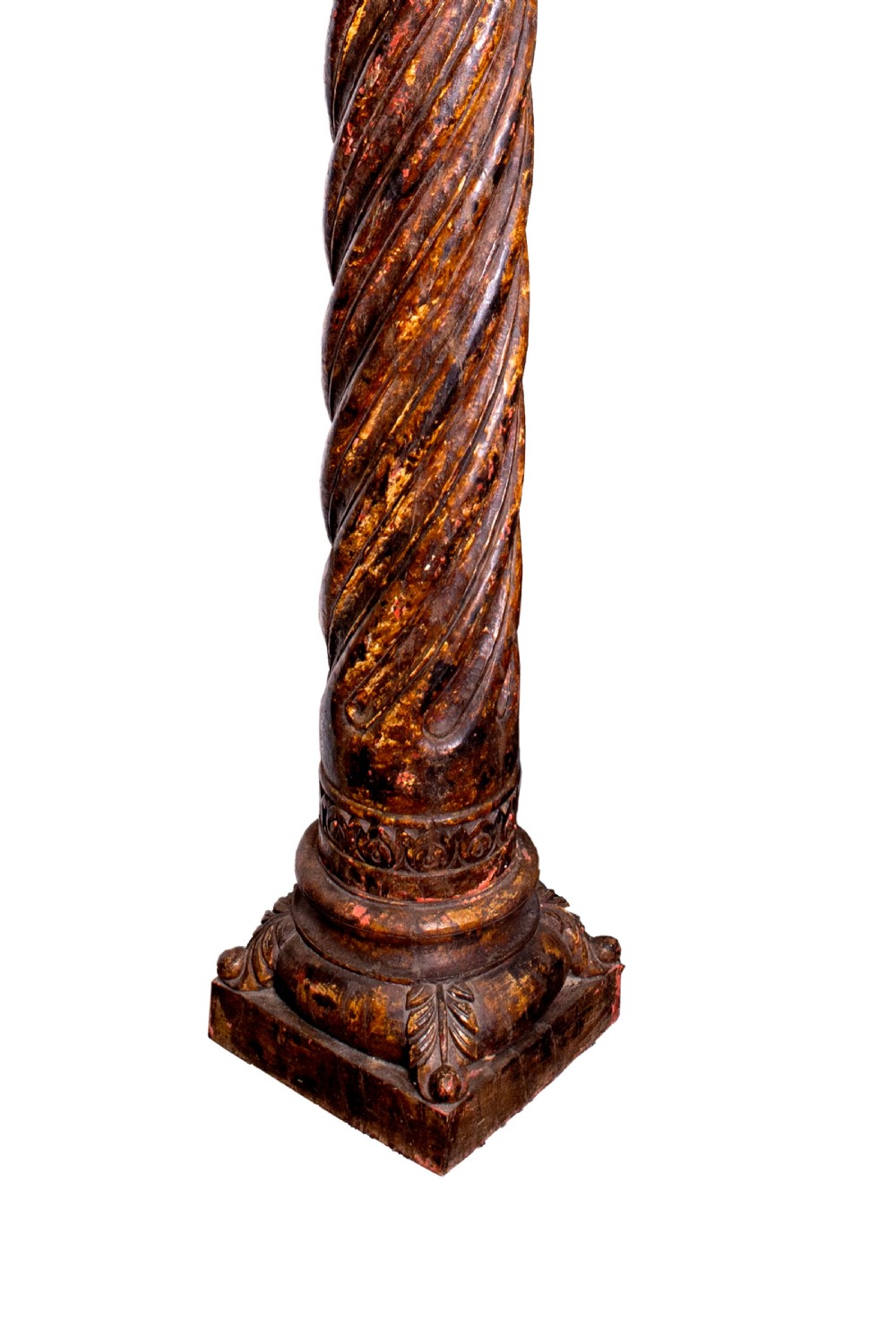 A pair of 19th-century hand-carved dark wood columns featuring spiral twist shafts, ornate acanthus leaf capitals, and square bases. View III
