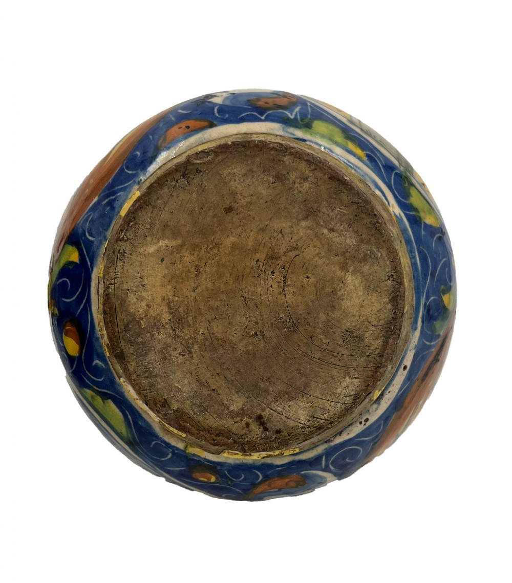 A pair of round 18th-century Italian maiolica ceramic vases painted in blue, yellow, and green with profile portrait medallions on bulbous bodies. View IX